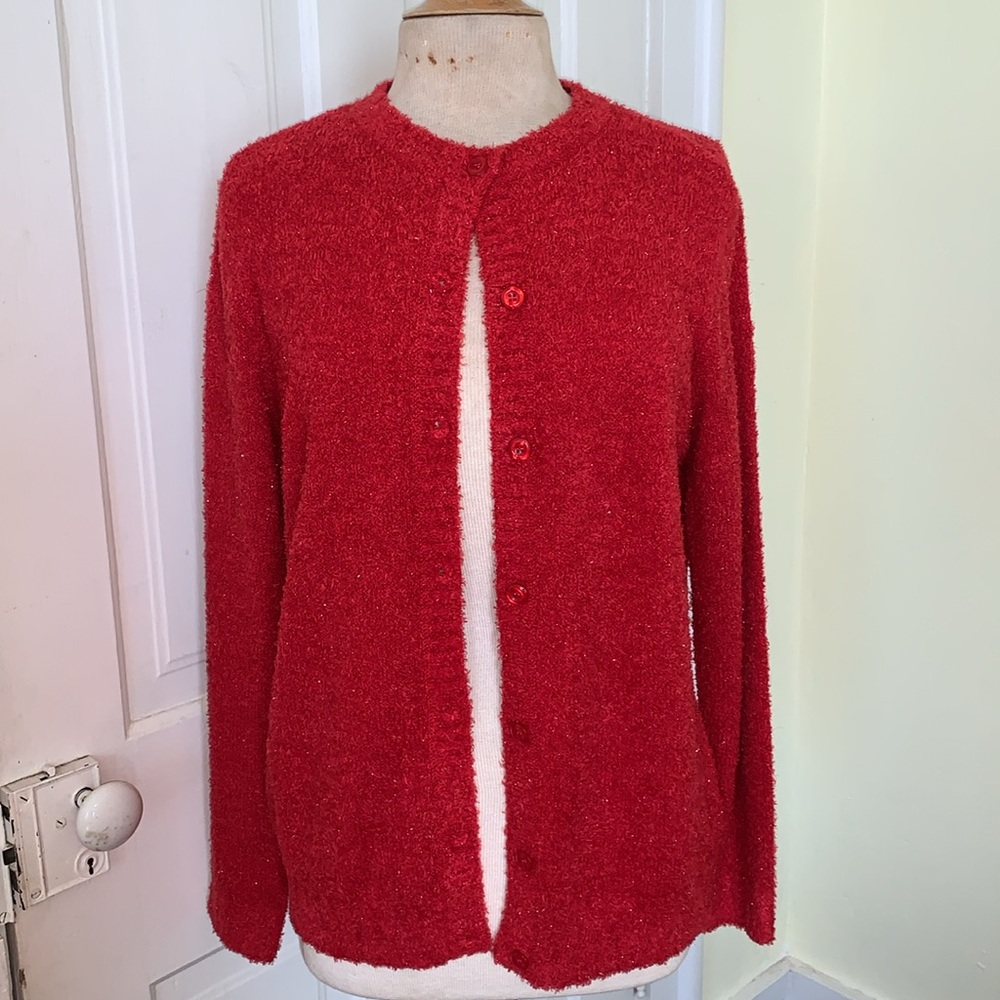 Vintage Classic Elements Red Sparkly Christmas Holiday Cardigan Knit Sweater L